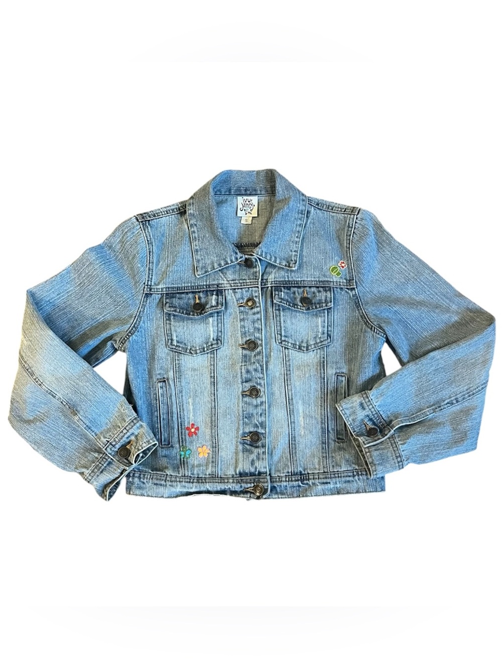Ivy Jane Denim Jacket with Colorful Embroidered Peace sign and Flowers size S - Picture 3 of 15